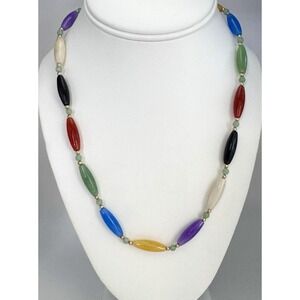 14K Gold Multi Color Jade Barrel Bead Necklace 20" Vintage Estate